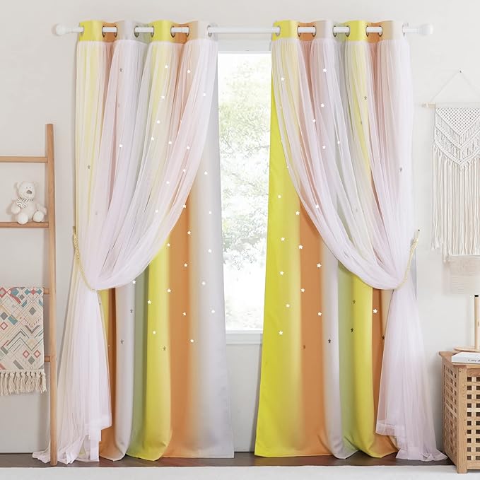 NICETOWN 2 Panels Star Blackout Curtains for Kids Girls Bedroom Aesthetic Living Room Colorful Double Layer Cut Out Rainbow Window Home Decoration Curtain, Yellow & Orange & Grey, W52 x L84