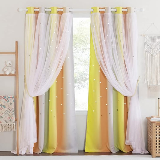 NICETOWN 2 Panels Star Blackout Curtains for Kids Girls Bedroom Aesthetic Living Room Colorful Double Layer Cut Out Rainbow Window Home Decoration Curtain, Yellow & Orange & Grey, W52 x L84