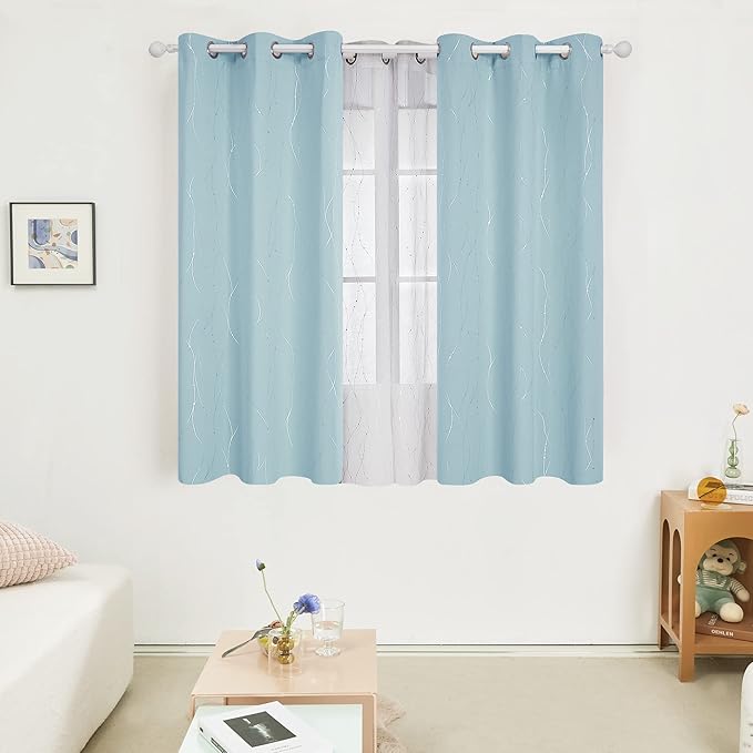 Deconovo Blackout Curtains, Thermal Insulated Soundproof Grommet Drapes, Wave Dot Foil Print, 42 x 54 Inch, Set of 2, Machine Washable Window Panel for Bedroom Living Room Nursery Kitchen, Light Blue