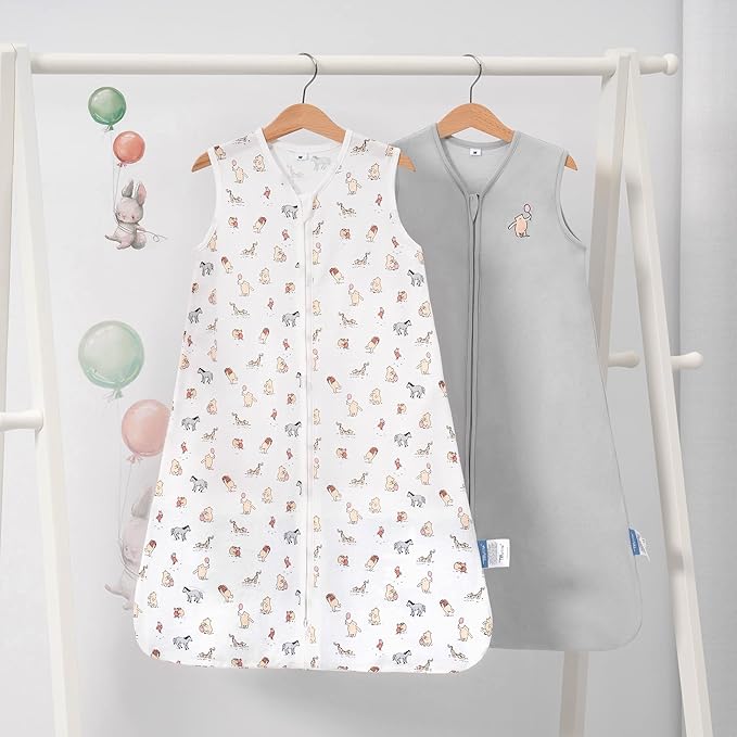 TILLYOU 2 Pack Baby Sleep Sack 12-18 Months 100% Cotton Wearable Blanket 0.5 TOG Sleeveless Summer Sleep Sacks with 2-Way Zipper, Bear Forest & Grey