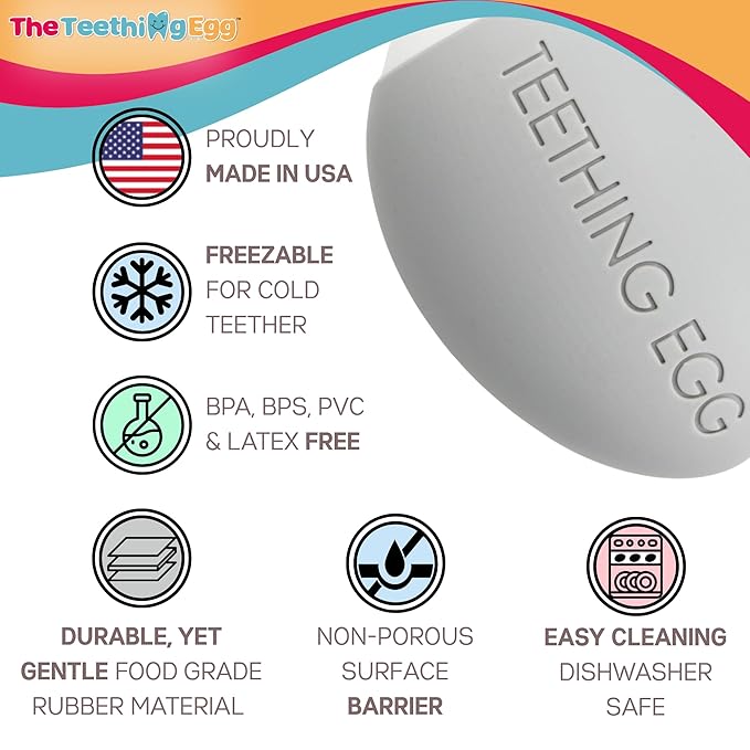 The Teething Egg Baby Teether – Freezable Teething Toy for Babies 3–6 Months up to 18 Months – Made in USA, Food-Grade TPE, Gray