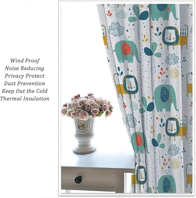 Kids Blackout Curtains,Window Curtains Cartoon Cute Elephants Lions Birds and Tropical Plants Blackout Draperies for Bedroom Window 85x85inch(214x214cm)