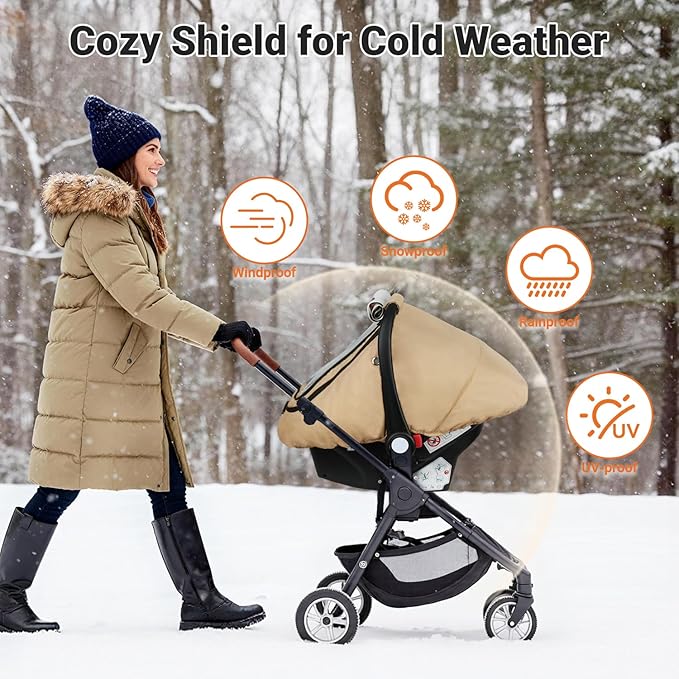 Rquite Car Seat Cover Baby, Winter Carseat Covers Boy Girl, Waterproof Infant Car Seat Cover Warm Car Seat Canopy for Cold Weather, Windproof Baby Carrier/Stroller Cover with 2 Layers Windows, Khak