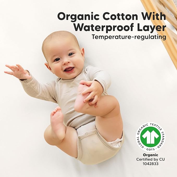 2-Pack Waterproof Crib Sheets for Boys, Girls - 52x28 Fitted Organic Cotton Baby Crib Sheets, Toddler Mattress Protector Cover, Washable, Soft & Durable Baby Bedding Essentials (Soft White)