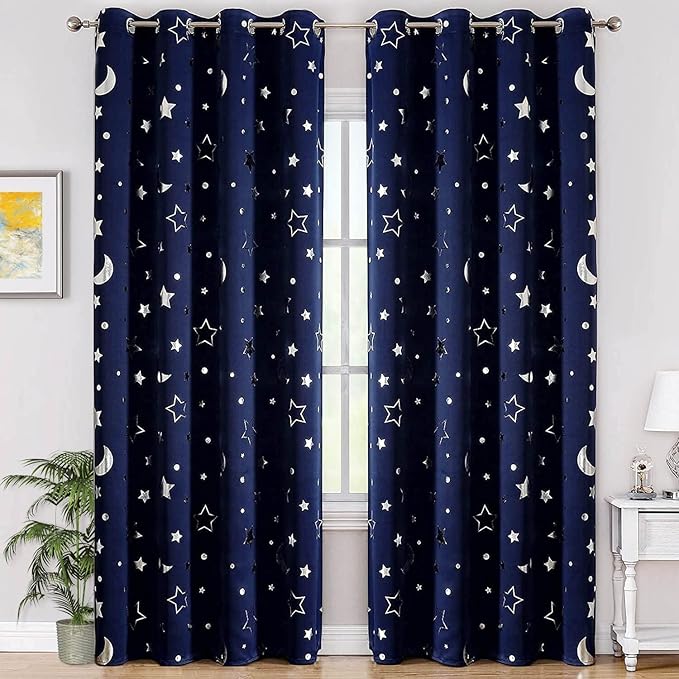 WUBODTI Navy Blue Kids 100% Blackout Curtains for Boys Bedroom 72 Inches Long 2 Panels, Cute Star Patterned Thermal Insulated Nursery Curtain Grommets Room Darkening Space Curtain Drapes for Baby