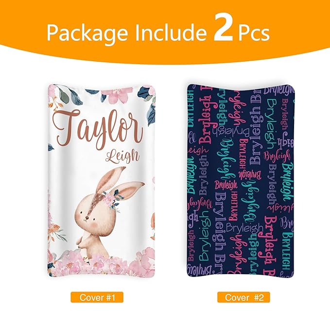 Custom Changing Pad Cover Set - Jersey Knit Ultra Soft Unisex Waterproof Diaper Changing Table Covers with Personalized Name for Baby Boys Girls - Comfy Cozy 2 Pcs Set Style04