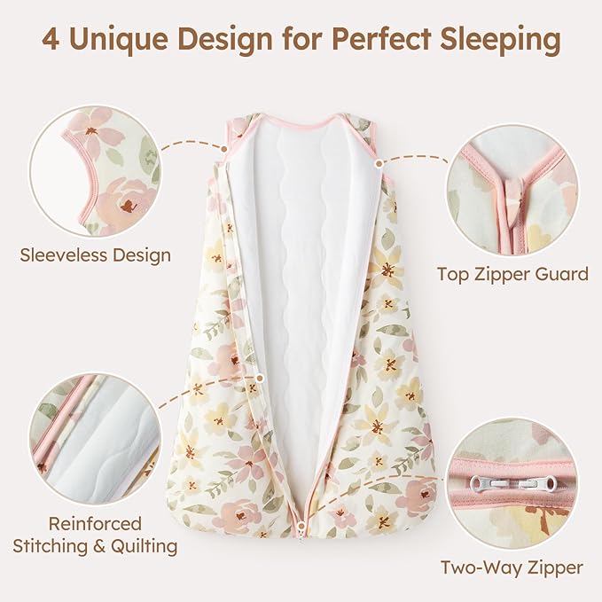 Unnivoll Baby Sleep Sack 6-12 Months TOG 2.5 Winter Baby Wearable Blanket, 100% Cotton Toddler Sleeping Sack with 2-Way Zipper Warm Soft Pink Flowers