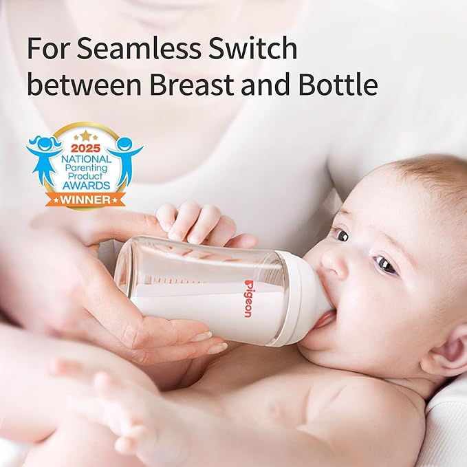 Pigeon Glass Nursing Bottle Wide Neck, Anti-Colic, Streamlined Body, Natural Feel, Easy to Clean, Heat-Resistant, 8.1 Oz (Pack of 2), Includes 2pcs M Nipples (3m+)