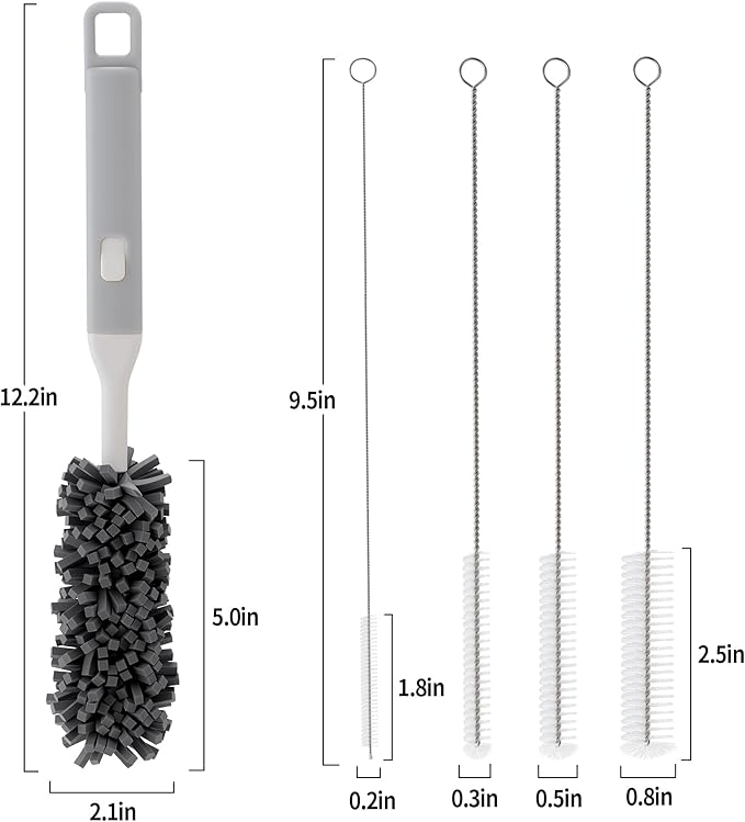 Peitushengjin Five-Piece Bottle Brush Cleaning Set Includes 4 Straw Cleaning Brushes and 1 Cup Brush with Detachable Long Handle. Suitable for Cleaning Straws, Glasses, and Water Cups.