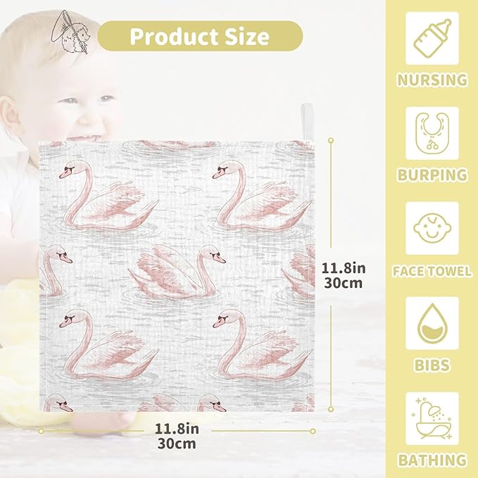vvfelixl Baby Muslin Washcloths Pale Pink Swans Baby Burp Cloths Cotton Babys Face Towel for Newborn Infants Boys Girls Soft and Absorbent 11.8 X 11.8 in, 3 Pack