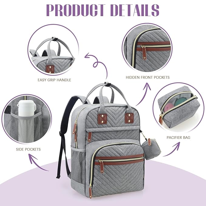 Tuwubi Diaper Bag Backpack, Baby Essentials Travel Tote Bag, Multi function Waterproof Backpacks, Travel Essentials with Stroller Straps & Pacifier Case - Grey