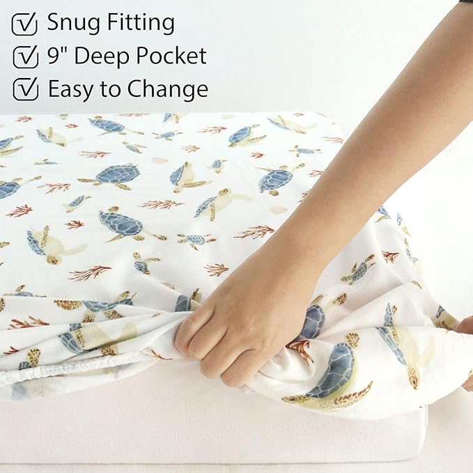 LifeTree Crib Sheets for Baby Unisex - Muslin Fitted Crib Sheets Toddler Bed Sheet, 70% Viscose from Bamboo and 30% Cotton, Fits Standard Crib, Sea Turtle, 28in x 52in