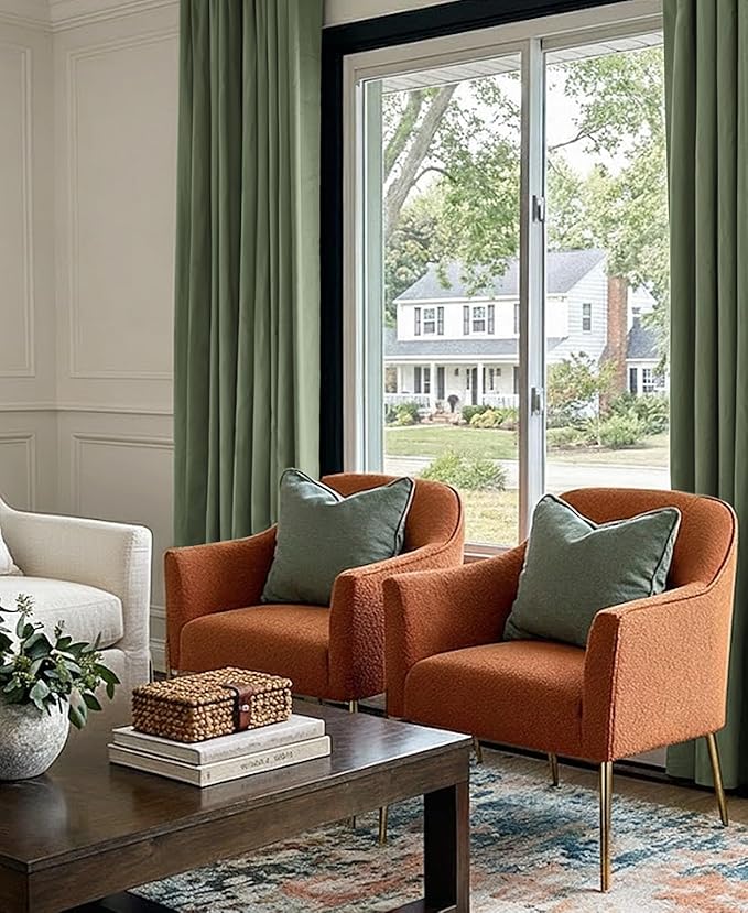 INOVADAY 100% Blackout Curtains for Bedroom, Black Out Curtains 63 Inch Long, Clip Rings Linen Blackout Drapes, Thermal Insulated Room Darkening for Living Room, 2 Panels - Moss Green,W50xL63