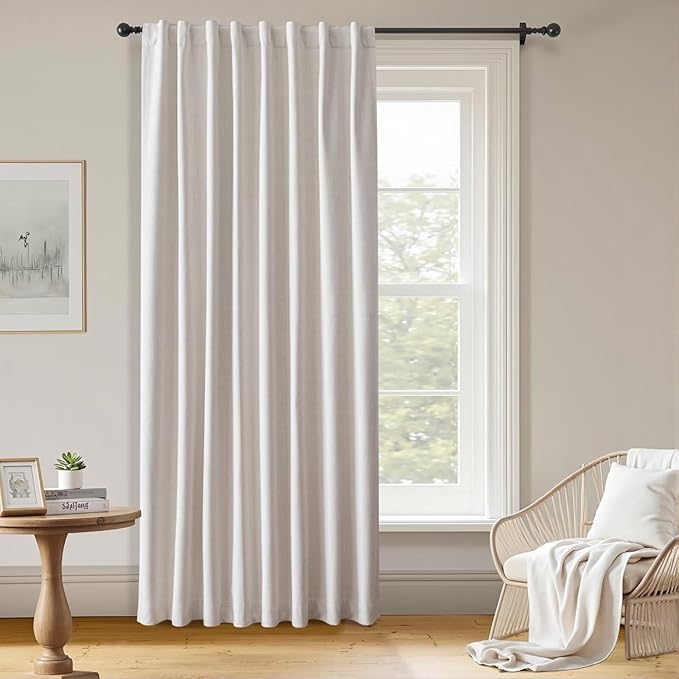 100% Blackout Curtains 96 inch Length1 Panel Faux Linen Long Drapes for Bedroom Living Room Black Out Room Darkening Curtain Thermal Insulated Back Tab Rod Pocket(W70 x L96, Natural)