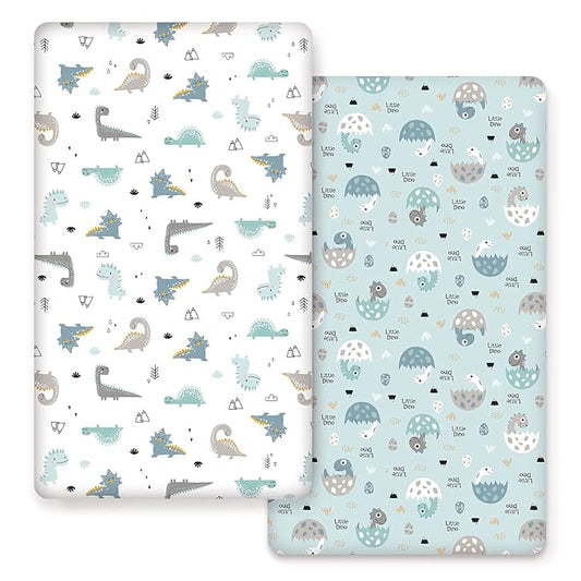 GRSSDER Stretchy Ultra Soft Jersey Knit Fitted Crib Sheets Set 2 Pack, Deep Pocket and Cozy Fits All Standard Crib Mattress Pads Safe and Snug, Happy Dinosaurs Print for Boys and Girls