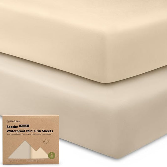 2 Pack and Play Sheets, Waterproof Mini Crib Sheets Fitted - 38x26 Organic Cotton Pack N Play Sheets for Graco Pack and Play Mattress, Playard Baby Crib Sheets,Neutral for Boy,Girl,Toddler(Macadamia)