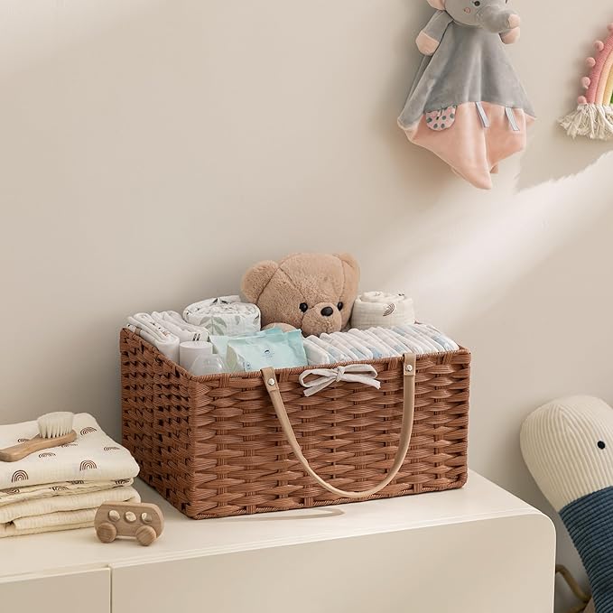 HBlife Diaper Caddy Organizer, Washable Waterproof, Portable Plastic Wicker Woven Basket with Divider, Nursery Diaper Station, Baby Shower Gifts Basket & Car Organizer