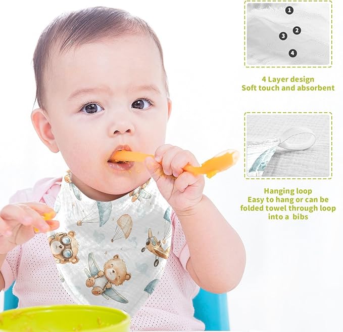 vvfelixl Cute Bear Pilot Baby Burp Cloths Baby Muslin Washcloths for Boys Girls Cotton Babys Face Towel for Newborn Infants Soft and Absorbent 11.8 X 11.8 in, 5 Pack