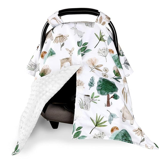 Minky Car Seat Cover for Baby Girl & Boys, Car Seat Canopy with Peep Window, Multiuse Carseat Covers Protecting Baby from Wind, Sun, Strangers, Woodland Animal