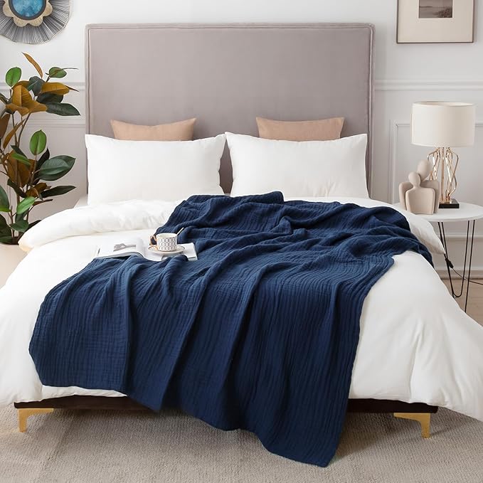 EMME Muslin Blanket 100% Cotton Throw Blankets for Couch Breathable Gauze Blanket All Season Soft and Lightweight Pre-Washed Cotton Blanket (Navy, 50"x70")