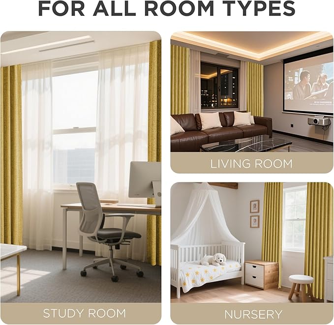 Joydeco Blackout Curtains for Bedroom - 96 Inch Long 100% Light Blocking 2 Panels Set Yellow Drapes, Thermal Insulated Room Darkening Curtains, Linen Textured for Living Room, Rod Pocket & Back Tabs