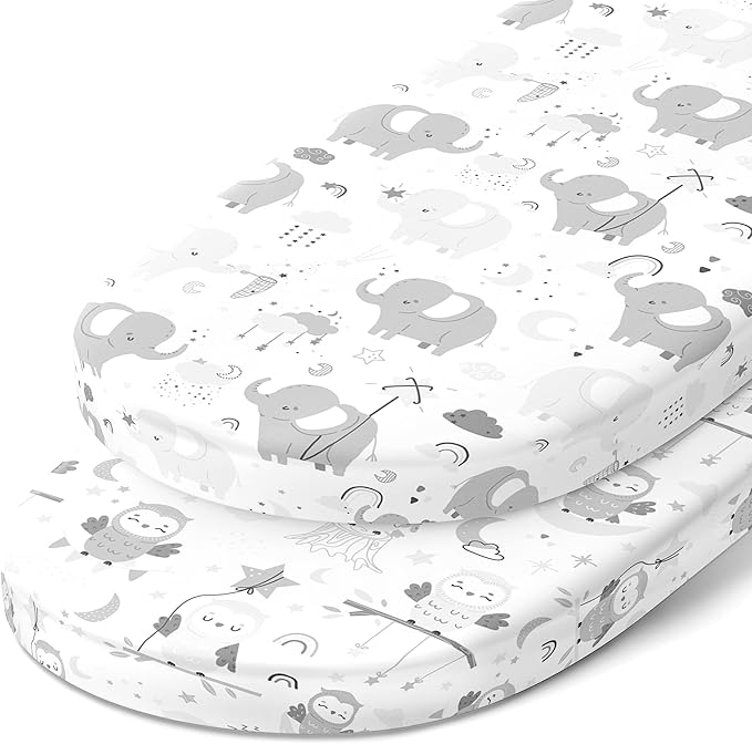 Bassinet Fitted Sheets for 16 x 32 Inch Oval Mattress Pad – for Baby Boy Girl – Compatible with UPPABaby Vista 2 Bassinet – Snuggly Soft 100% Jersey Cotton – 2 Pack