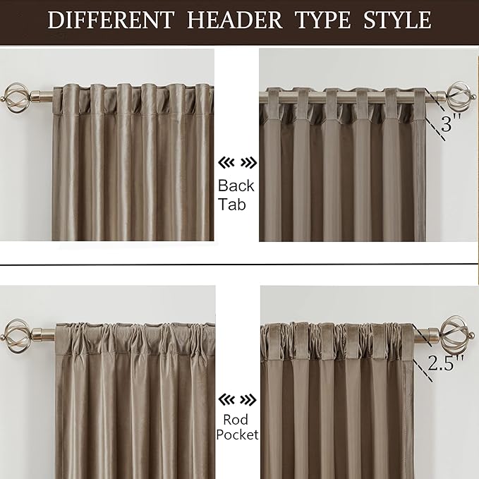 PRIMROSE Blackout Taupe Velvet Curtains 72 inch Long for Living Room,Set of 2 Panels Liner Rod Pocket Back Tab Thermal Window Curtains Drapes Room Darkening Heavy Decorative Curtains for Bedroom