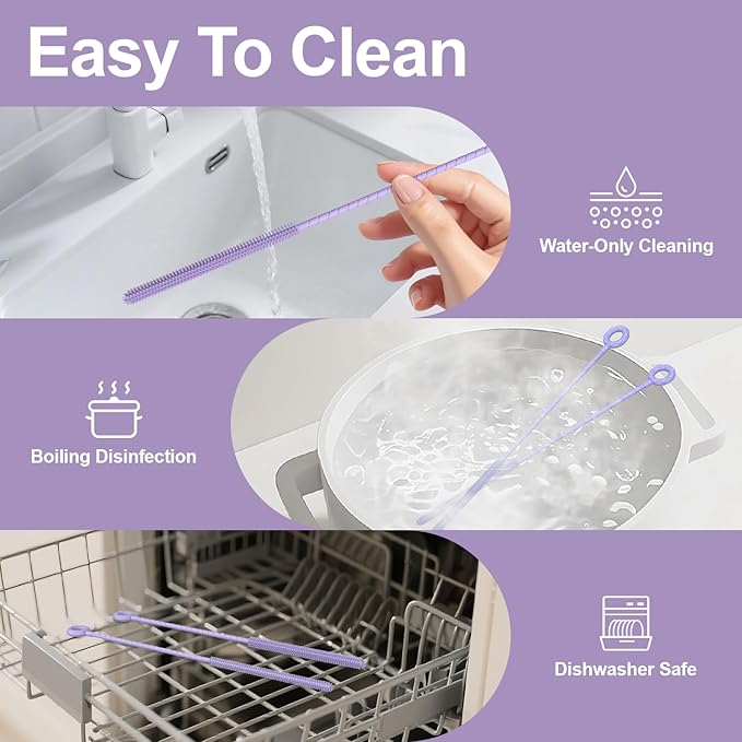 YOTIME Silicone Straw Cleaner Brush, 2 Pcs Reusable Straw Brush(6mm+9mm) for Cleaning Narrow & Wide Straws, Tumblers, Purple