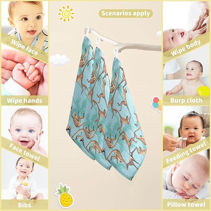 vvfelixl Cotton Monkeys Jungle Baby Muslin Washcloths Soft Face Towel for Newborns, 11.8 X 11.8 Inch, 5 Pack Blue