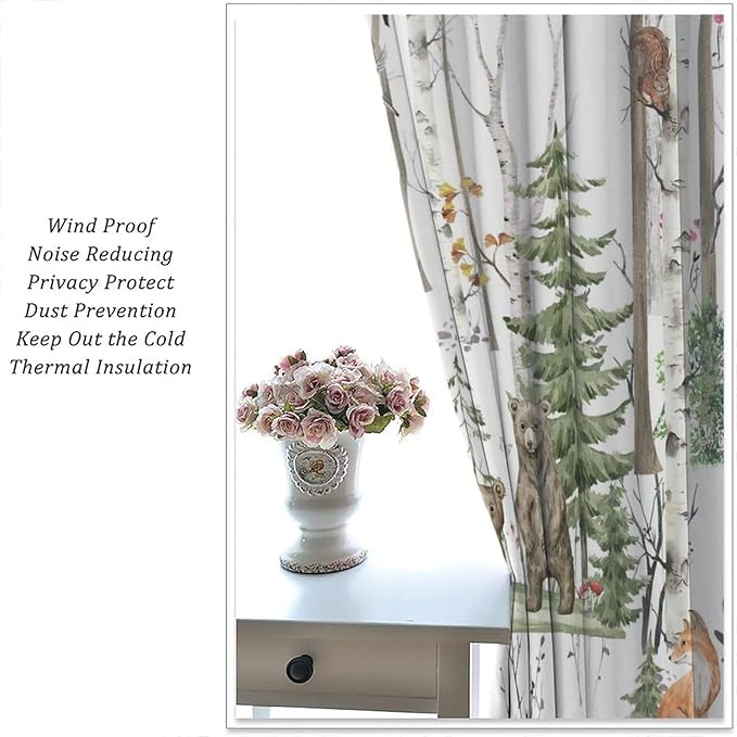 Forest Animals Kids Curtains, Wild Rustic Bear Fox Deer Children Cartoon Window Treatments for Living Room, Watercolor Blackout Drapes 2 Panel Sets,72x63 Inch