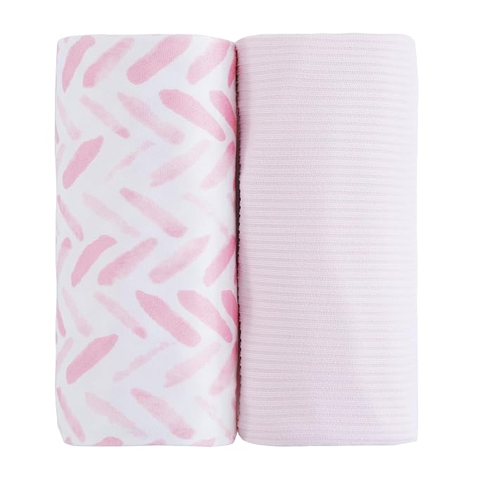 Viviland Jersey Swaddle Blanket, Ultra Soft Stretchy Receiving Blanket, Baby Girl Newborn Rainbow Swaddle Wrap, 40 x 30 inches, 2 Pcs, Pink Leaf