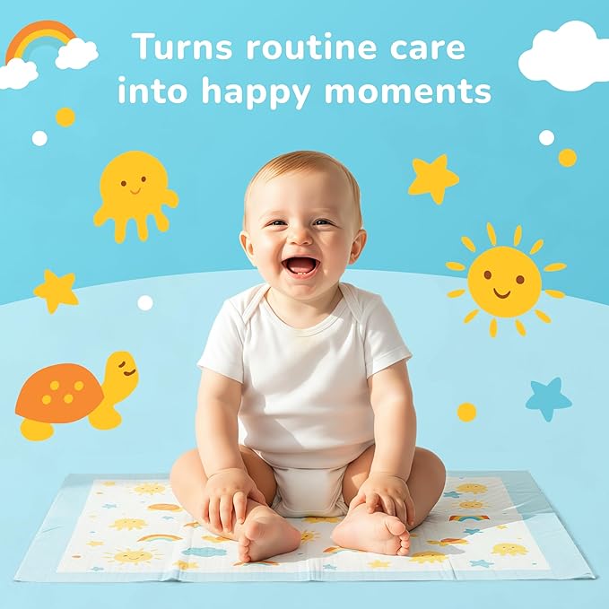 SunnyGuard Disposable Changing Pads for Baby 13 x 18 Inches, 50 Diaper Changing Pad with Unique Design & 6 Layers of Protection for Nursery Use, Travel Changes & Pee Pad Protection, 33 x 46 CM