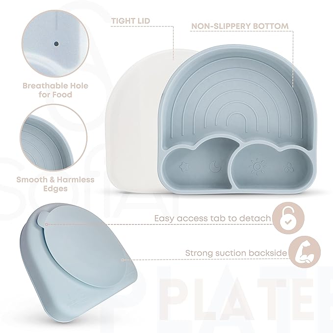 SofiAl All In One Silicone Feeding Set - Safe for 6-12 Months - Non-Toxic Baby Led Weaning Supplies - Toddler Self Feeding Utensils - BPA-Free - Mess Free Essentials