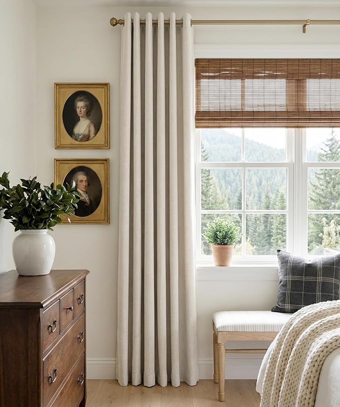 100% Blackout Shield Linen Blackout Curtains for Bedroom, Beige Grommet Curtains for Living Room, Thermal Insulated Room Darkening Drapes for Nursery, Boho Home Decor, 50" W x 84" L, 2 Panels