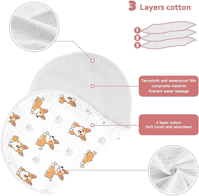 1 Pack Muslin Burp Cloths Cute Corgi Dogs White Cotton Baby Burp Cloths Ultra Absorbent Soft Burping Cloth Washcloths for Newborn Babies 22x11 Inch