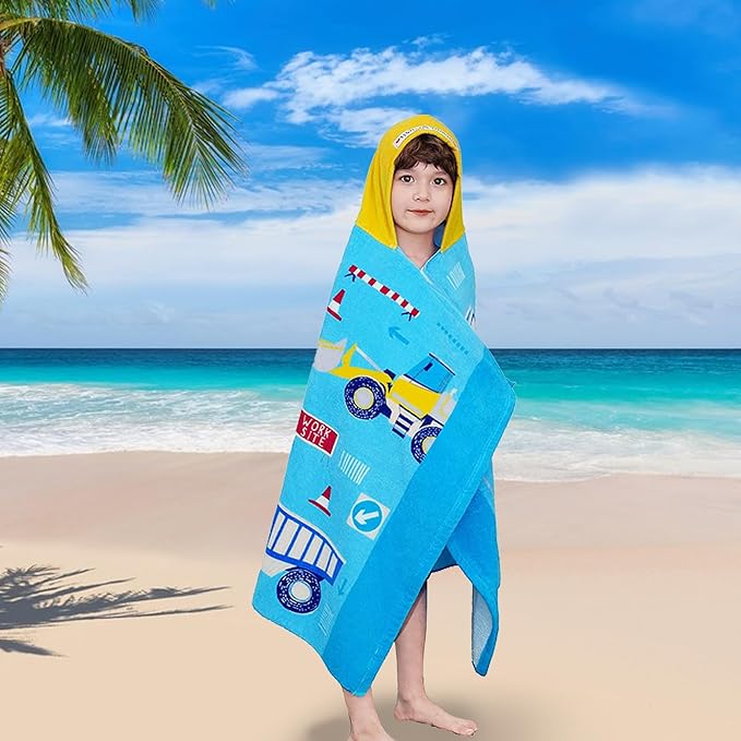 VOOVA & MOVAS Kids Towels Age 3-10, 30''X50, Soft | Thick | 100% Cotton, Large Absorbent Beach, Bath, Pool, Swim Towels | Cover up for Boys | Excavator Vehicle