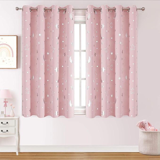 WUBODTI Pink Curtains for Girls Room Star 100% Blackout Kids Bedroom Curtains 63 Inch Length, Cute Silver Space Star and Moon Patterned Thermal Insulated Nursery Drapes, 2 Panel Sets
