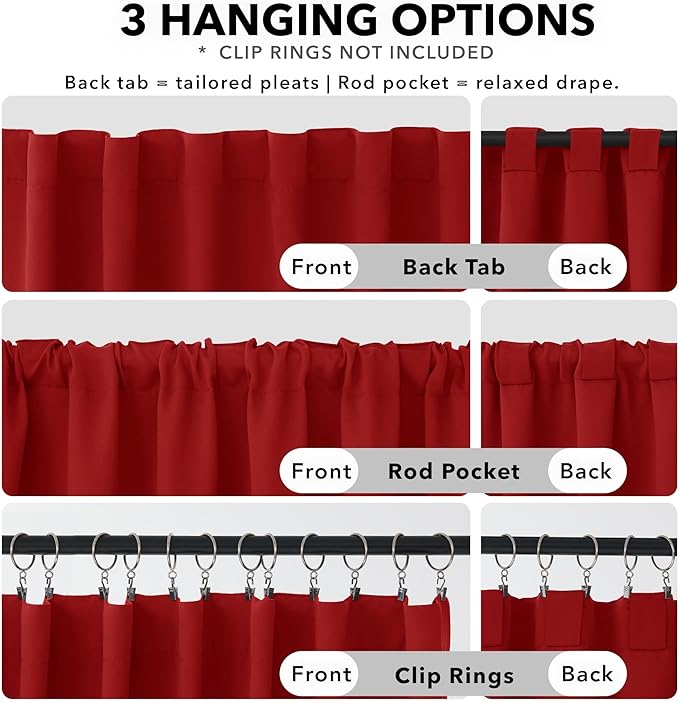 Deconovo Blackout Curtains Back Tab and Rod Pocket Thermal Insulated Room Darkening Curtains for Kitchen Window 52Wx54L Inch True Red
