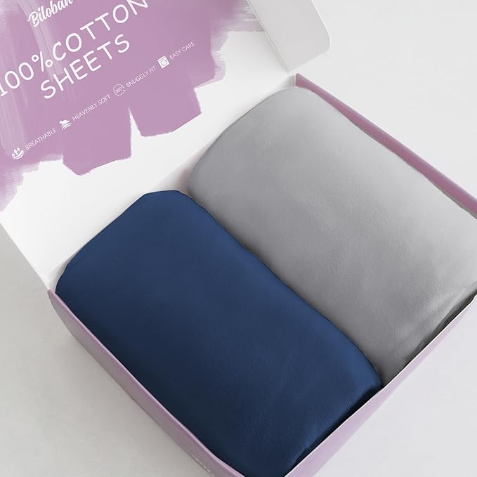 Bassinet Sheets Fit for Maxi COSI Iora, Fodoss, Yacul, Cloud Baby and Graco Travel Lite Bedside Sleeper,100% Cotton, 2 Pack, Ultra Soft Bassinet Sheet, Gray and Navy Blue