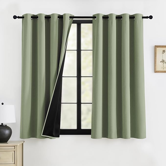 RYB HOME Green Blackout Curtains 63 inches Length, 100% Blackout Thermal Insulated Window Curtains for Bedroom Living Room, 52 inches Wide by 63 inches Long, Light Green, 2 Panels