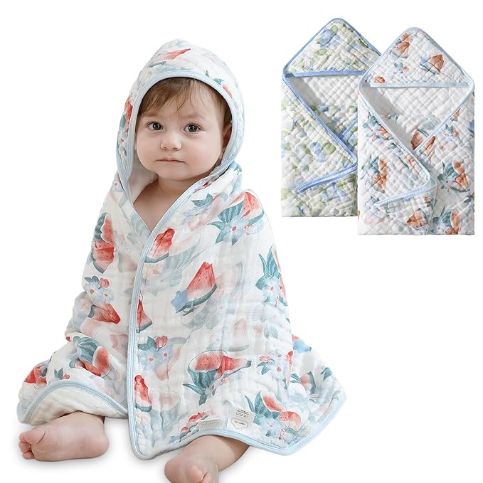 Muslin Hooded Baby Towels 2 Pack, Ultra Soft & Absorbent Baby Bath Towels, Bath & Beach Essentials, Shower Gifts for Newborns, Babies, Infant, Toddler - 32x32 Inch (Blueberry & Watermelon)