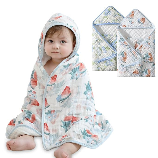 Muslin Hooded Baby Towels 2 Pack, Ultra Soft & Absorbent Baby Bath Towels, Bath & Beach Essentials, Shower Gifts for Newborns, Babies, Infant, Toddler - 32x32 Inch (Blueberry & Watermelon)
