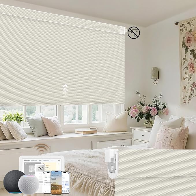 Kincmo No Drill Motorized Blinds with Remote, 100% Blackout Roller Shades for Windows, Custom Electric Blinds Compatible with Alexa, Apple Homekit, Google Home (100% Blackout Pure Cream)