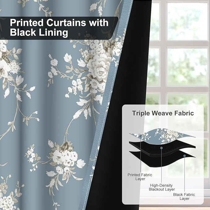 Blackout Curtains for Bedroom 84 Inch Long 2 Panels Set, Haze Blue Floral Grommet Winter Black Out Curtains for Living Room, Room Darkening Thermal Insulated Soundproof Window Drapes, Maintain Privacy