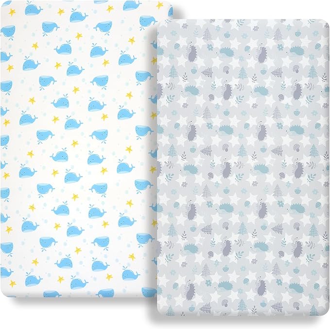 Pack n Play Fitted Sheet. 2 Piece Mini Crib Sheet. Elastic Playard Sheet. Portable Sheet Set. Elastic Convertible Playard Set. Compatible with Graco Pack n Play. (Baby Whale and Hedgehog)