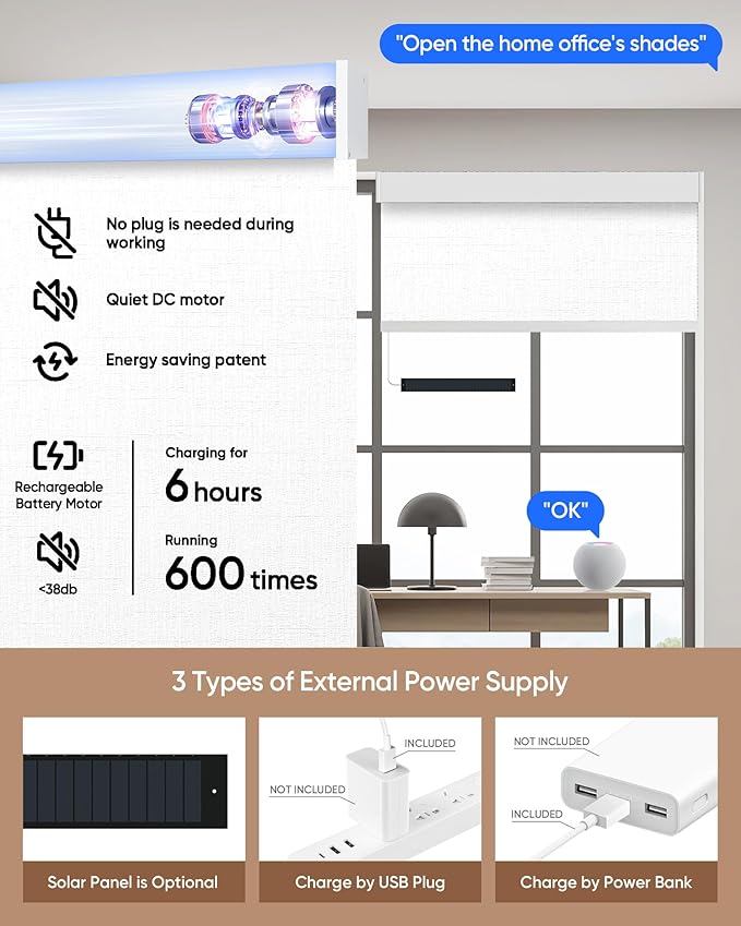 Kincmo Motorized Blinds with Remote,100% Blackout Motorized Roller Shades Work with Apple Homekit,Alexa,Google, Custom Electric Blinds with App,Voice Control (Aurora White)
