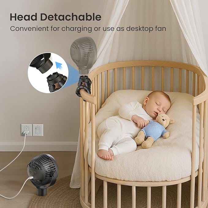 Portable Stroller Fan, 4000mAh Rechargeable Clip on Baby Fan 25H Battery Life, Head Detachable 360° Rotate Mini Fans, 4 Speed Personal Fans with Night Light for Car Seat Crib Bike Treadmill, Black