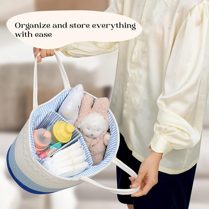 luxury little Diaper Caddy Organizer, Large Cotton Rope Nursery Baby Basket, Changing Table Organizer for Baby Diaper Storage, Portable Car Organizer Removable Divider (Blue, Large)