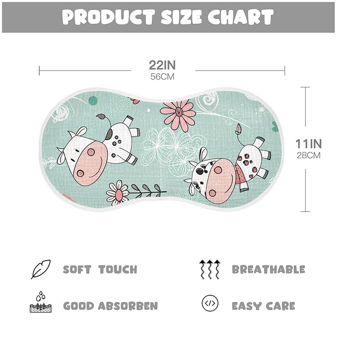 Kigai Cow Muslin Baby Burp Cloths, Large Absorbent Cotton Muslin Burp Cloths Set of 2, Washcloths, Face Towel, Bibs for Newborn Boys Girls, 11 x22 Inch