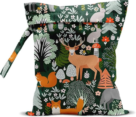 Forest Animal Wet Bags 12x10 Inch, Cottage Core Botanical Waterproof Travel Laundry Bags, Squirrel Fox Wolf Reusable Wet Dry Bag for Swimsuit Pool Beach Diapers Dirty Yoga Gym Clothes